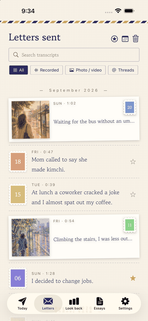 The mailbox, where each letter carries a stamp in that day's color